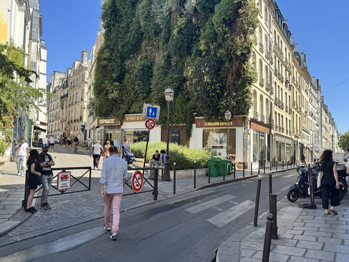 Rue parisienne avec mur v&eacute;g&eacute;tal et commerces de quartier